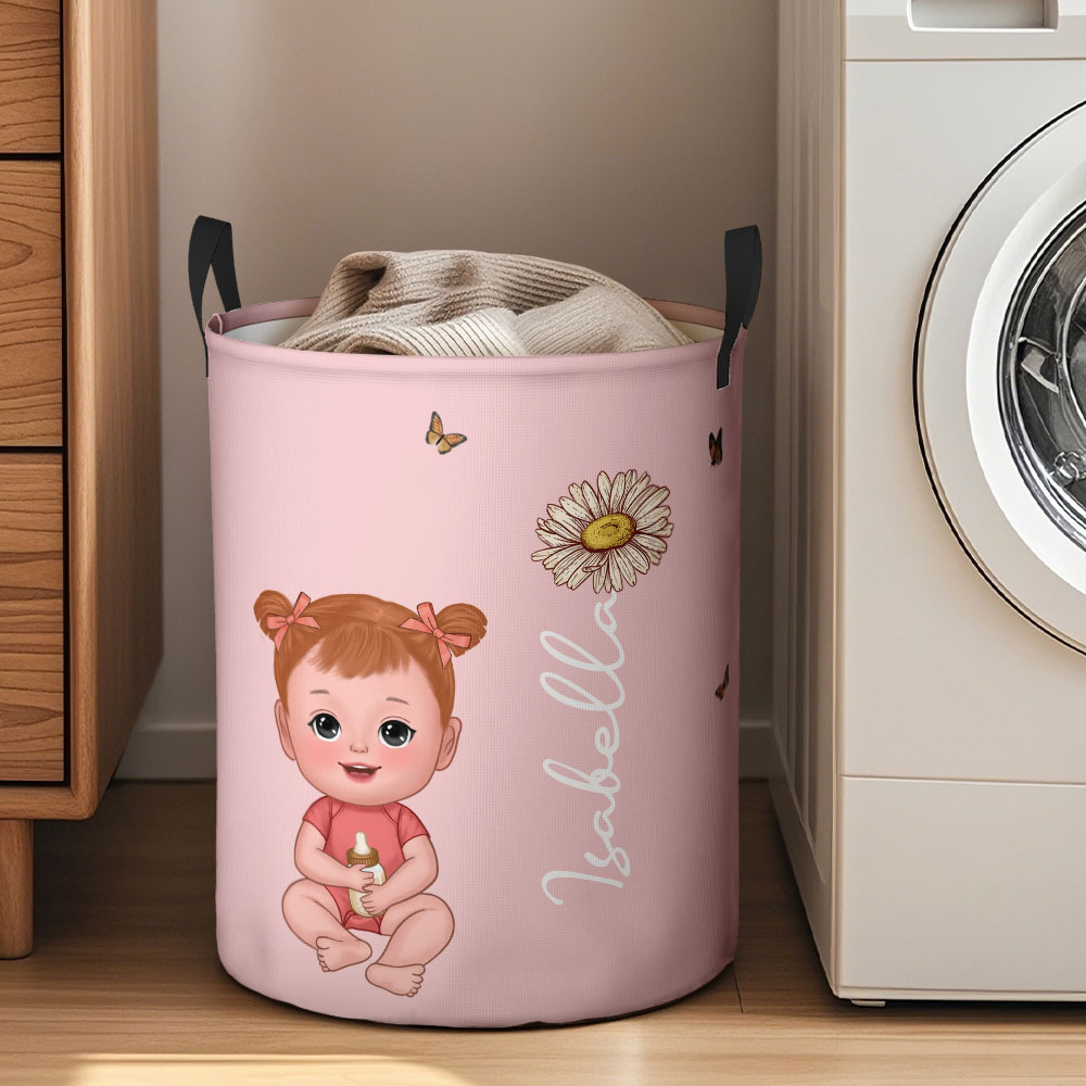 Personalized Solid Color Storage Basket Cartoon Character Birth Flower Name Laundry Basket