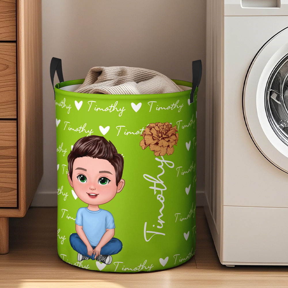 Personalized Cartoon Character Birth Flower Name Laundry Storage Basket
