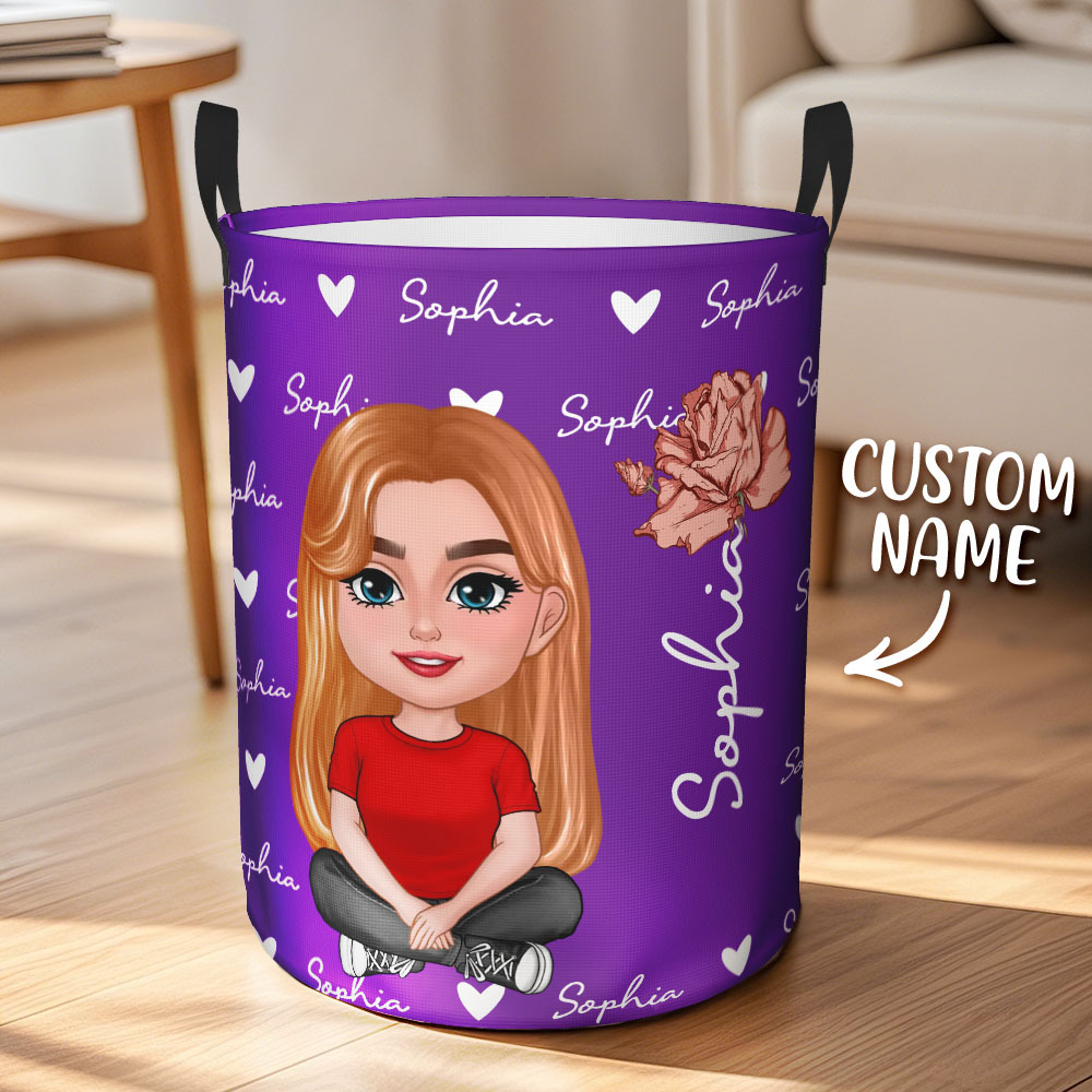 Personalized Cartoon Character Birth Flower Name Laundry Storage Basket