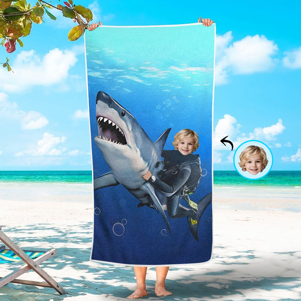 Custom Photo Face Beach Towel Personalized Towel Shark Best Gift for K