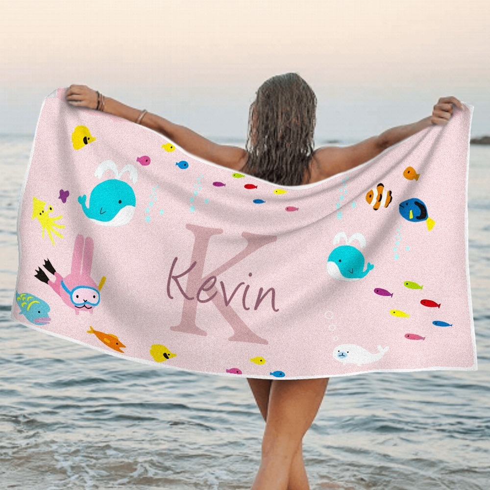 Personalized Custom Beach Towel Underwater World Cartoon Animals Gift for Kid