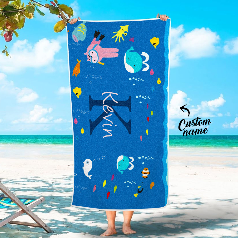 Personalized Custom Beach Towel Underwater World Cartoon Animals Gift for Kid