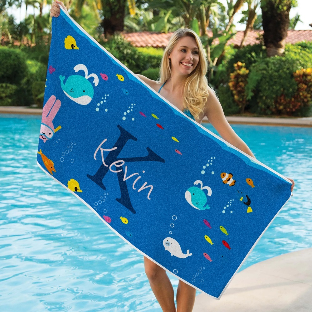 Personalized Custom Beach Towel Underwater World Cartoon Animals Gift for Kid