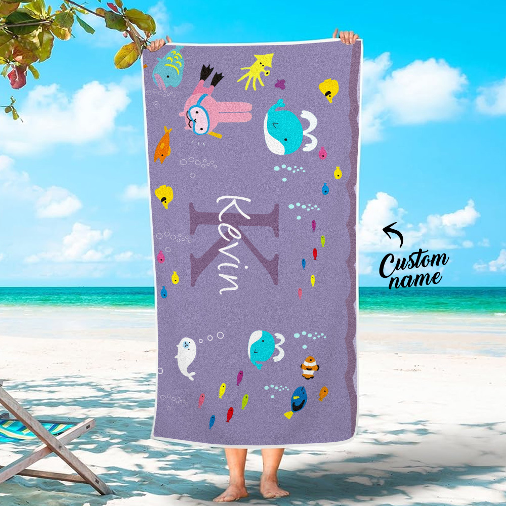 Personalized Custom Beach Towel Underwater World Cartoon Animals Gift for Kid