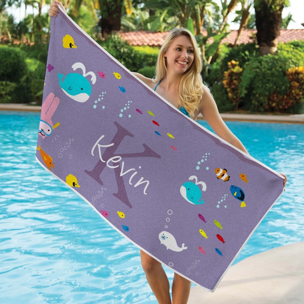 Personalized Custom Beach Towel Underwater World Cartoon Animals Gift for Kid