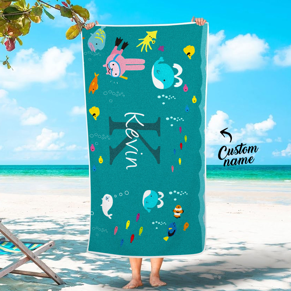 Personalized Custom Beach Towel Underwater World Cartoon Animals Gift for Kid