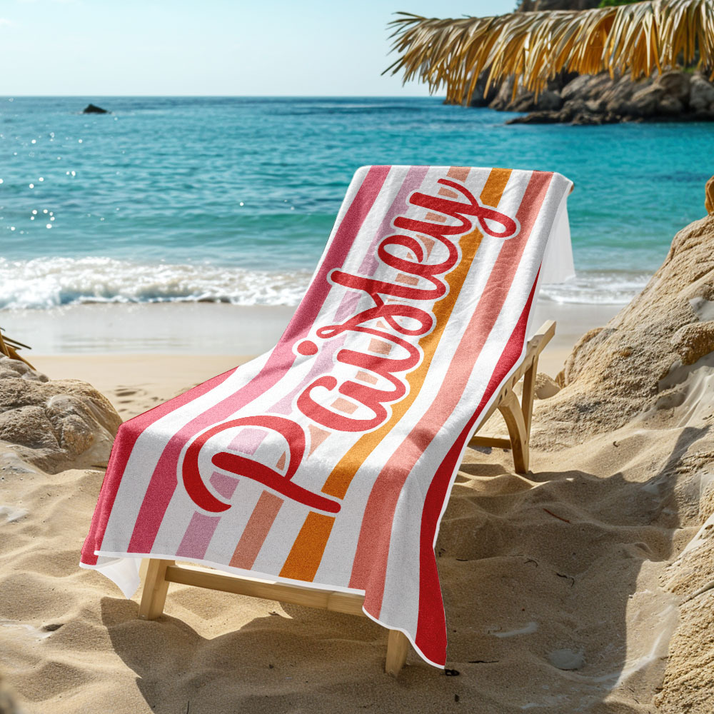 Custom Beach Towel Retro Stripe Style Personalized Name Bath Towel Pool Towel