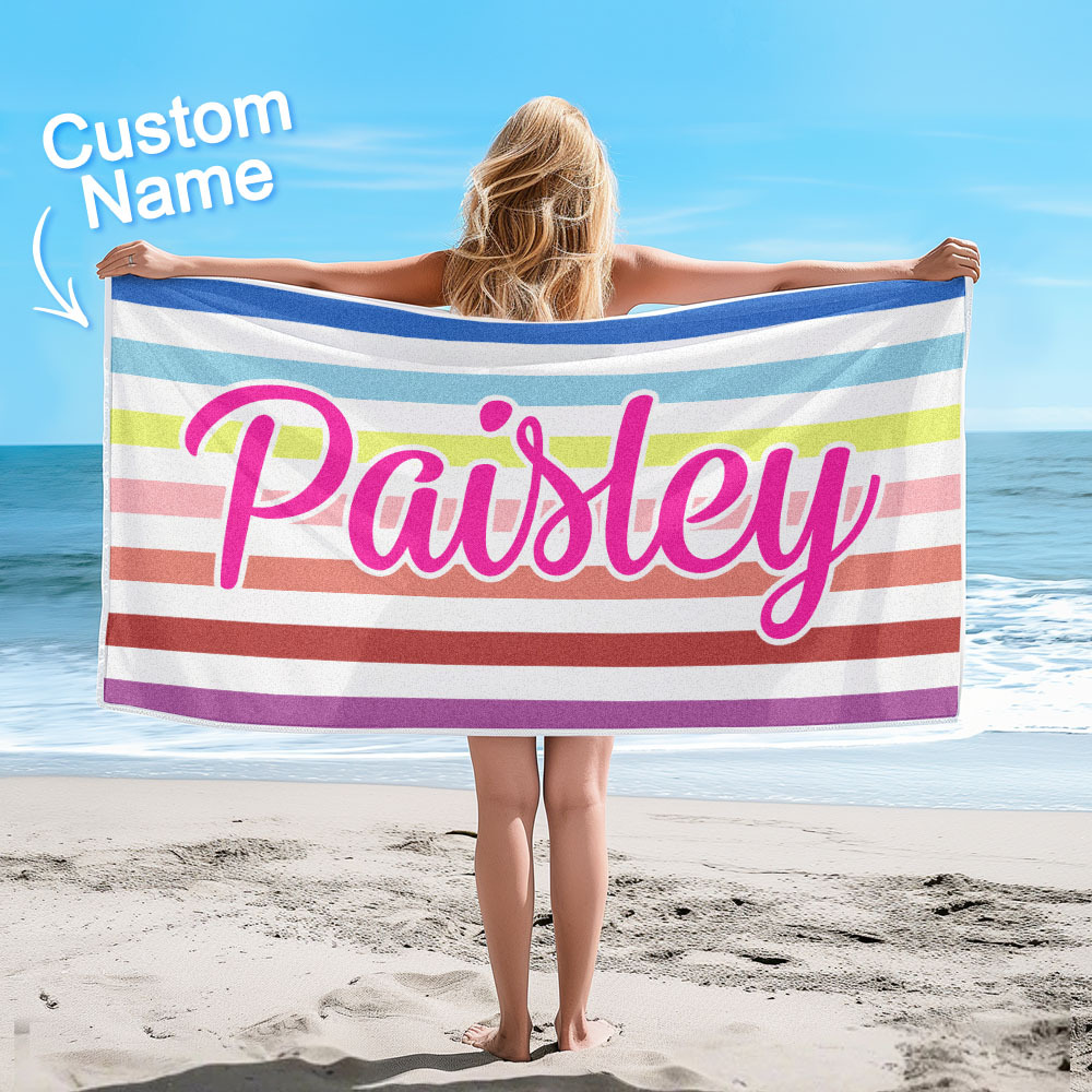 Custom Beach Towel Retro Stripe Style Personalized Name Bath Towel Pool Towel