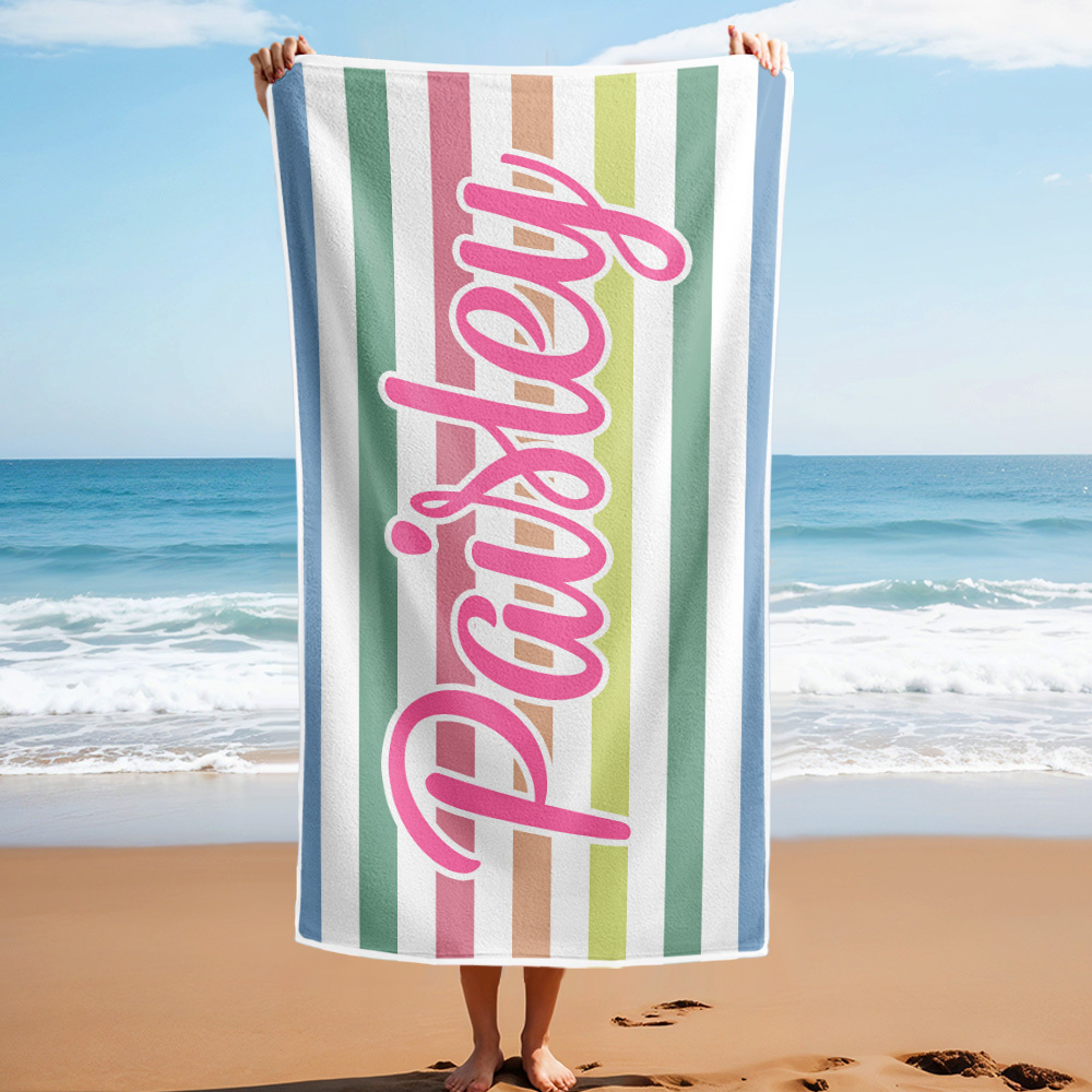 Custom Beach Towel Retro Stripe Style Personalized Name Bath Towel Pool Towel
