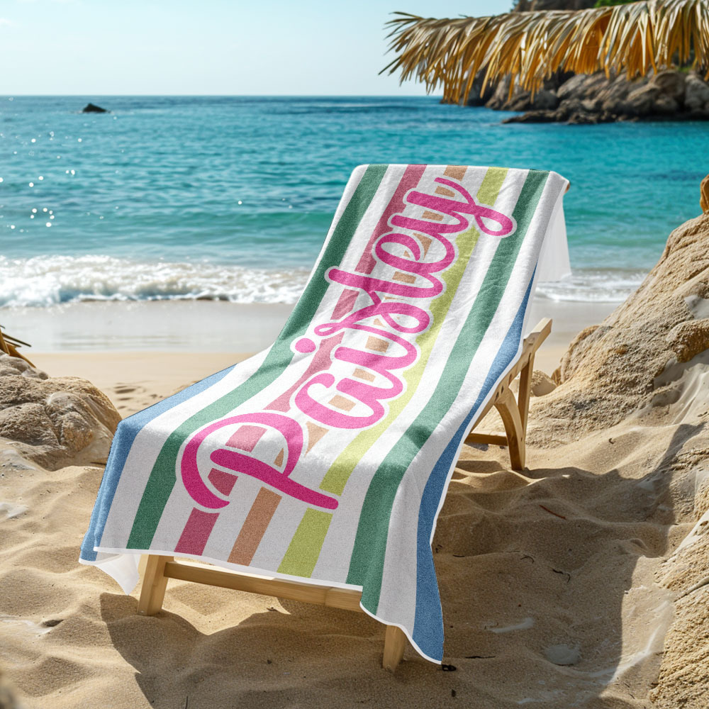 Custom Beach Towel Retro Stripe Style Personalized Name Bath Towel Pool Towel