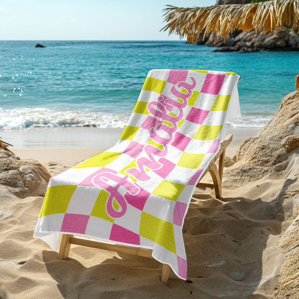 Custom Beach Towel Personalized Name Plaid Swimming Towel Summer Holiday Gift