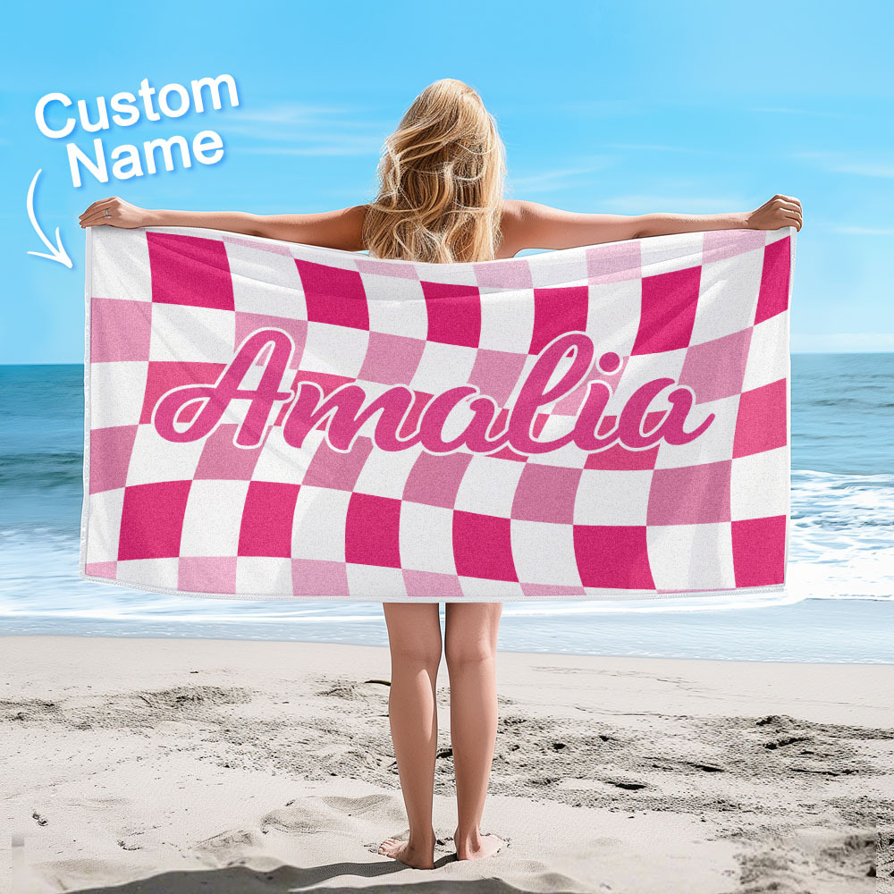 Custom Beach Towel Personalized Name Plaid Swimming Towel Summer Holiday Gift