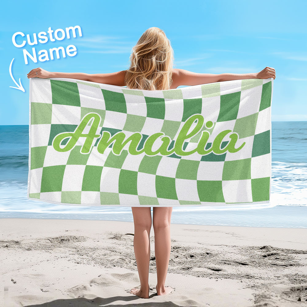 Custom Beach Towel Personalized Name Plaid Swimming Towel Summer Holiday Gift
