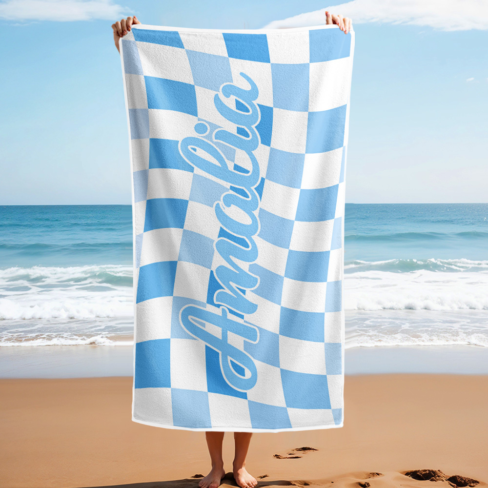 Custom Beach Towel Personalized Name Plaid Swimming Towel Summer Holiday Gift