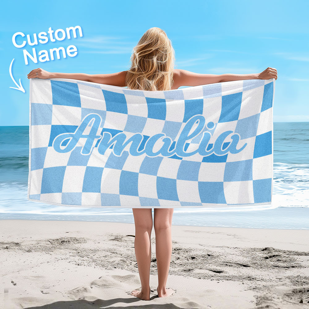 Custom Beach Towel Personalized Name Plaid Swimming Towel Summer Holiday Gift