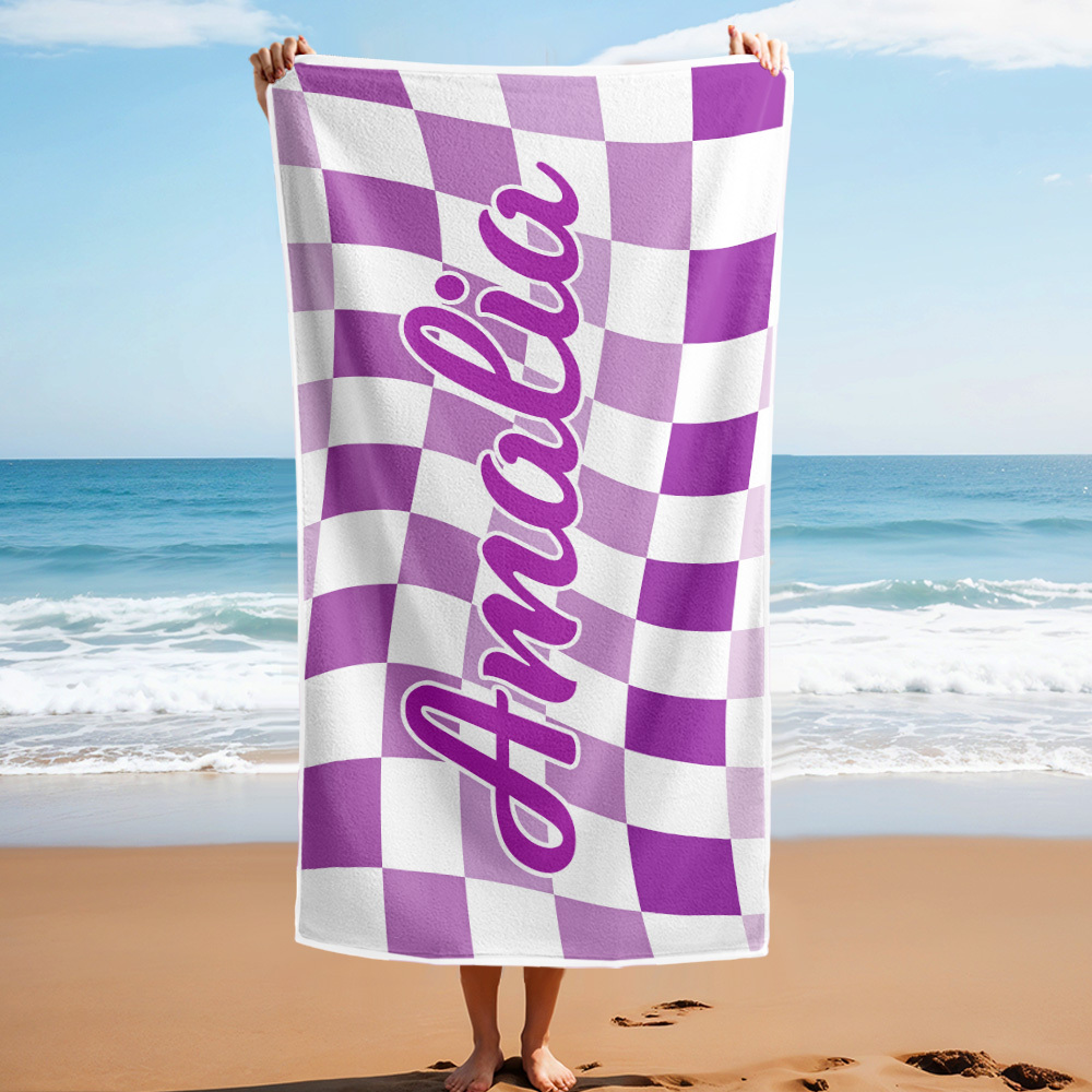 Custom Beach Towel Personalized Name Plaid Swimming Towel Summer Holiday Gift