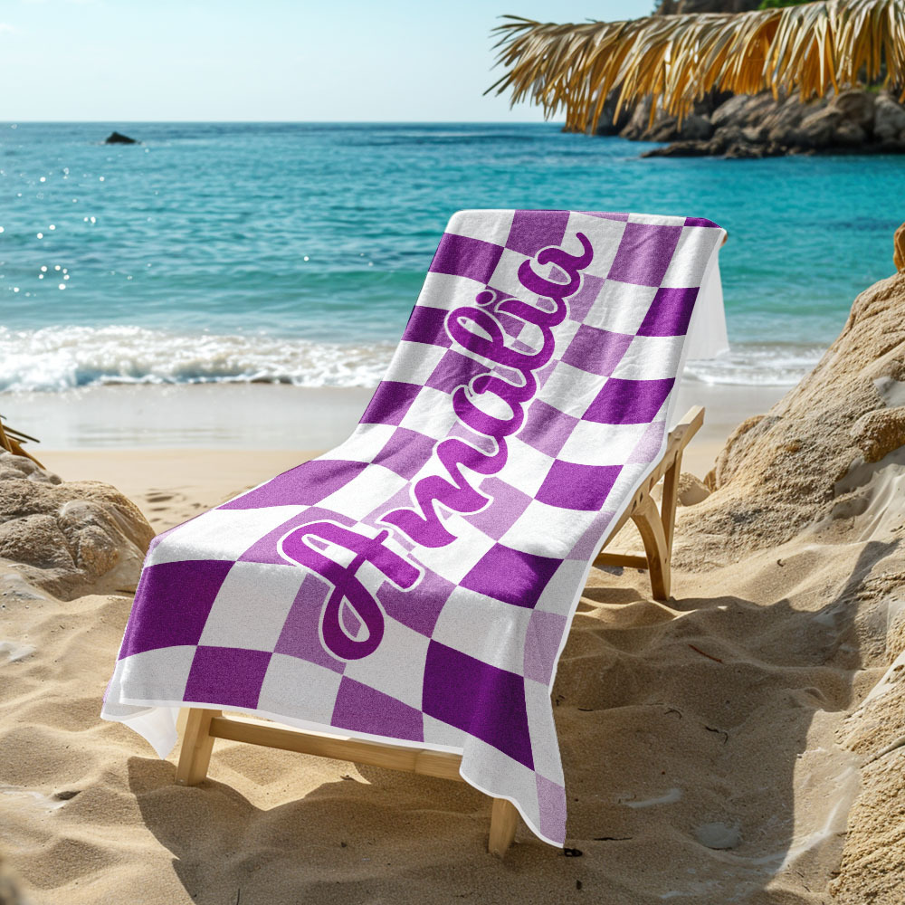 Custom Beach Towel Personalized Name Plaid Swimming Towel Summer Holiday Gift