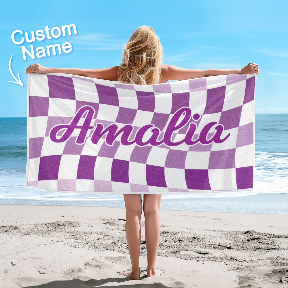 Custom Beach Towel Personalized Name Plaid Swimming Towel Summer Holiday Gift