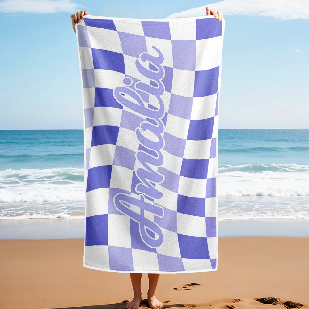 Custom Beach Towel Personalized Name Plaid Swimming Towel Summer Holiday Gift
