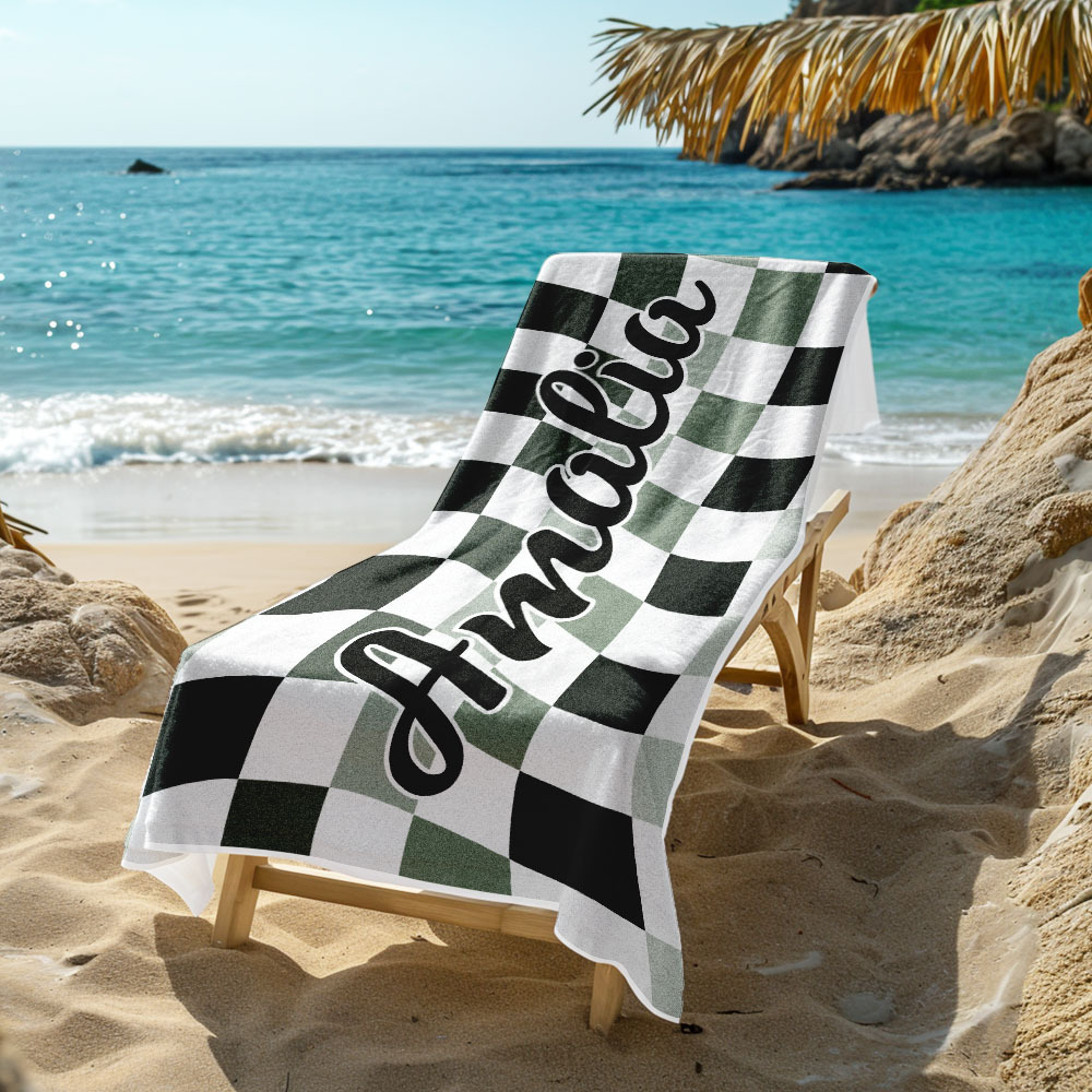 Custom Beach Towel Personalized Name Plaid Swimming Towel Summer Holiday Gift