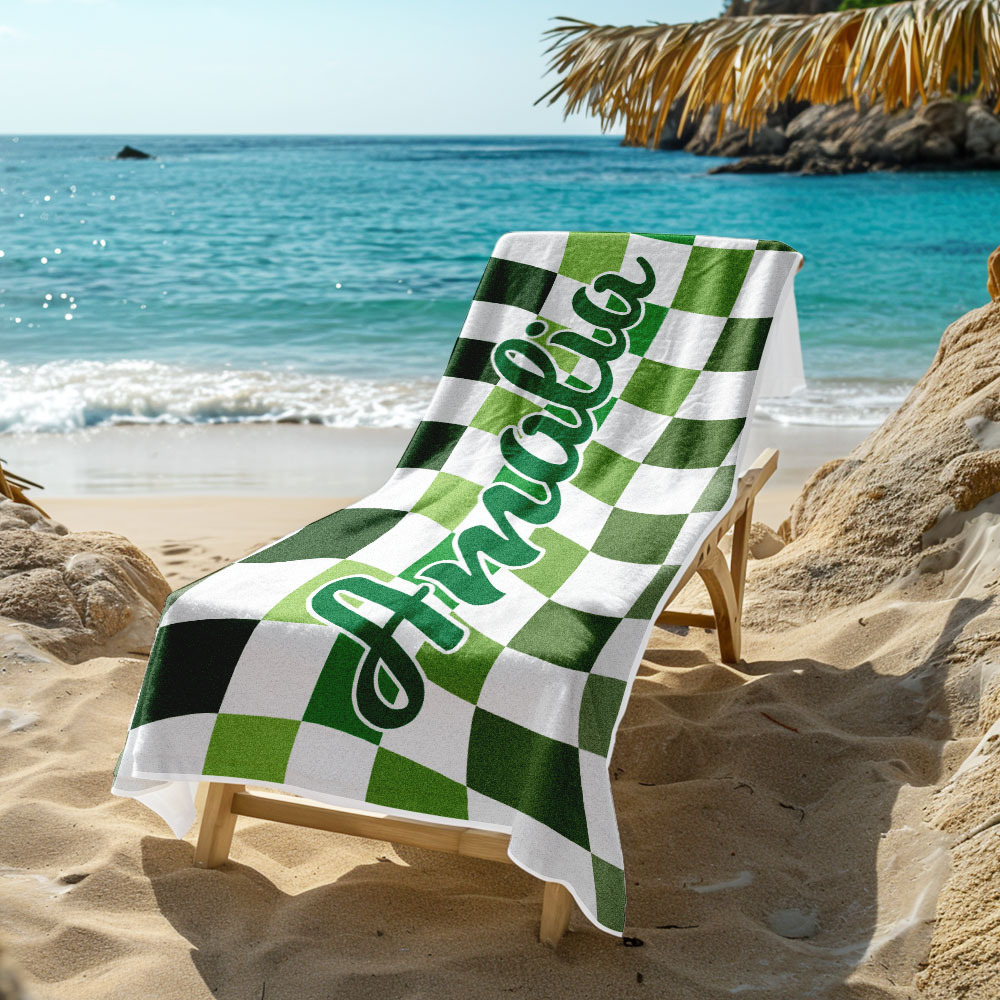 Custom Beach Towel Personalized Name Plaid Swimming Towel Summer Holiday Gift