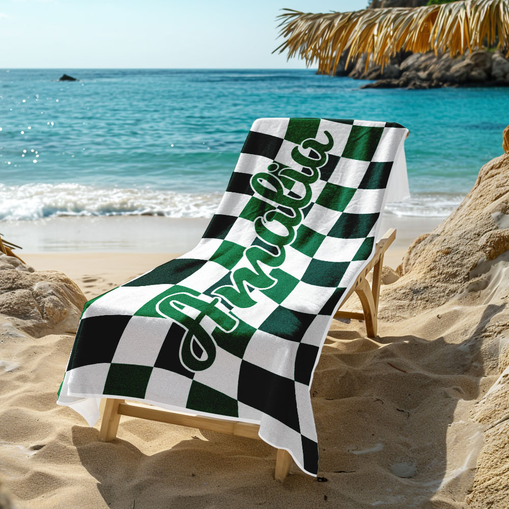 Custom Beach Towel Personalized Name Plaid Swimming Towel Summer Holiday Gift