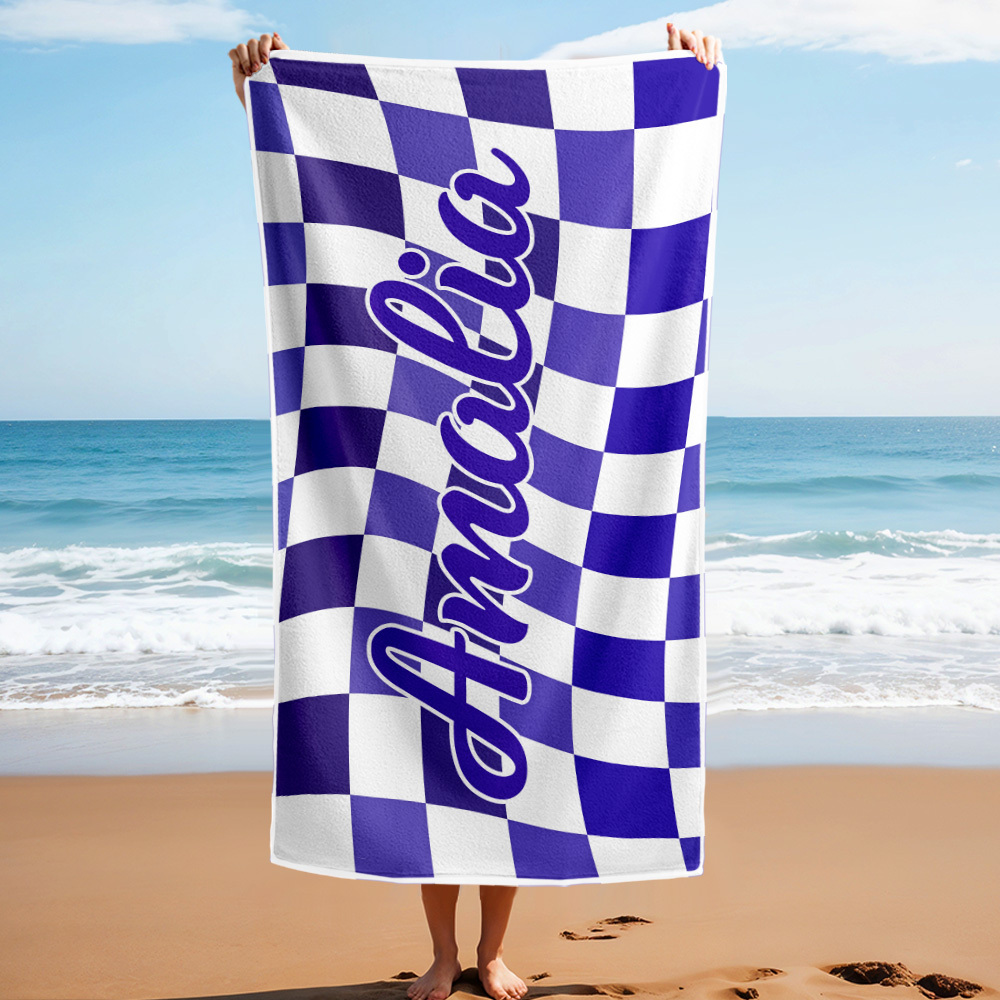 Custom Beach Towel Personalized Name Plaid Swimming Towel Summer Holiday Gift