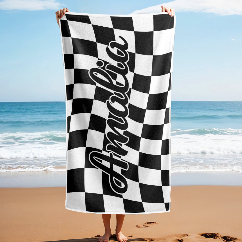 Custom Beach Towel Personalized Name Plaid Swimming Towel Summer Holiday Gift