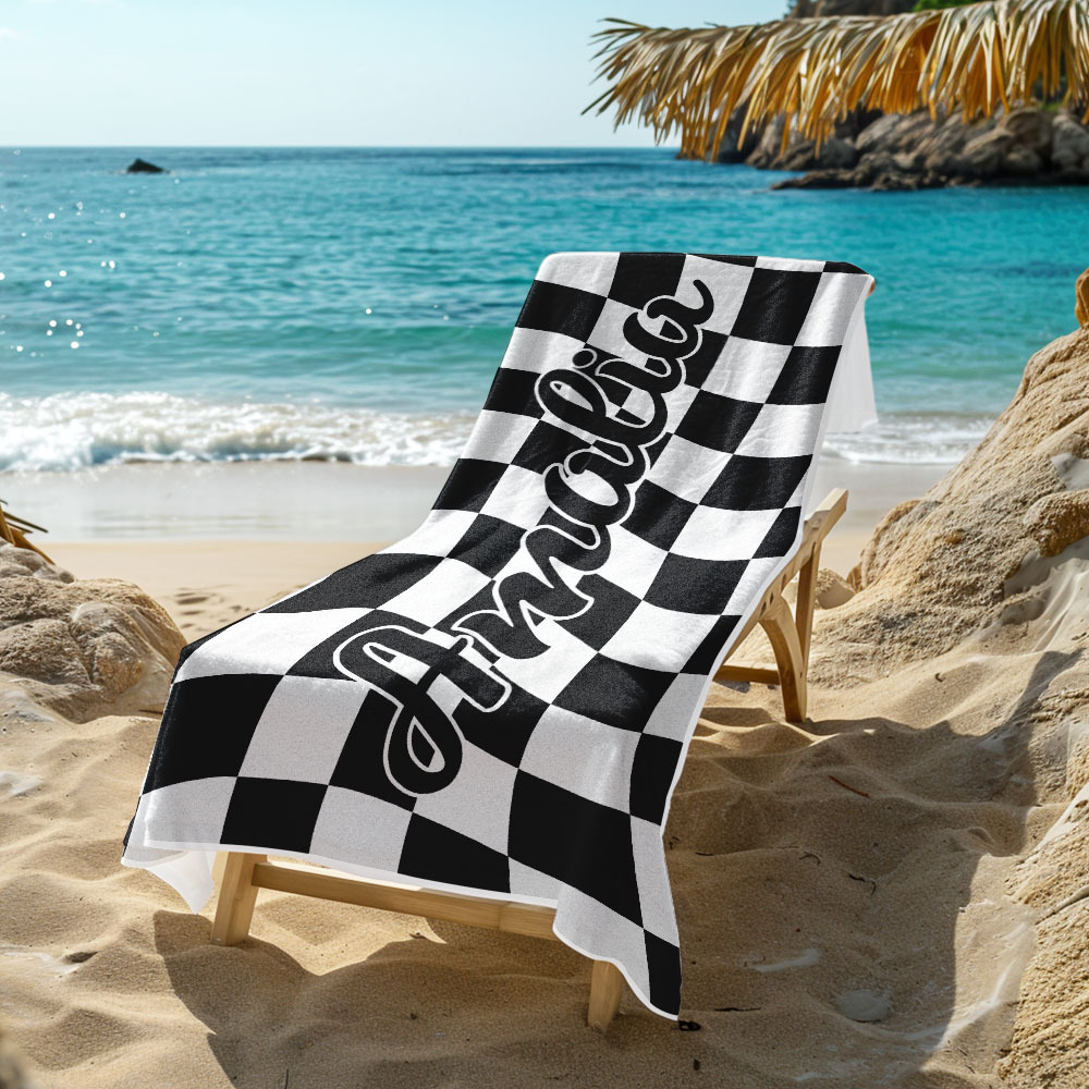 Custom Beach Towel Personalized Name Plaid Swimming Towel Summer Holiday Gift