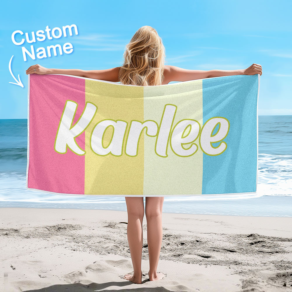 Custom Colorful Beach Towel With Name Personalized Pool Towel Groovy Birthday Vacation Gift