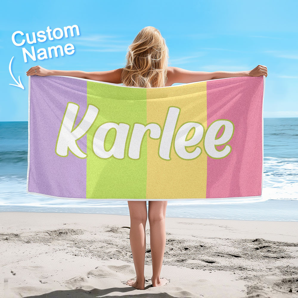 Custom Colorful Beach Towel With Name Personalized Pool Towel Groovy Birthday Vacation Gift