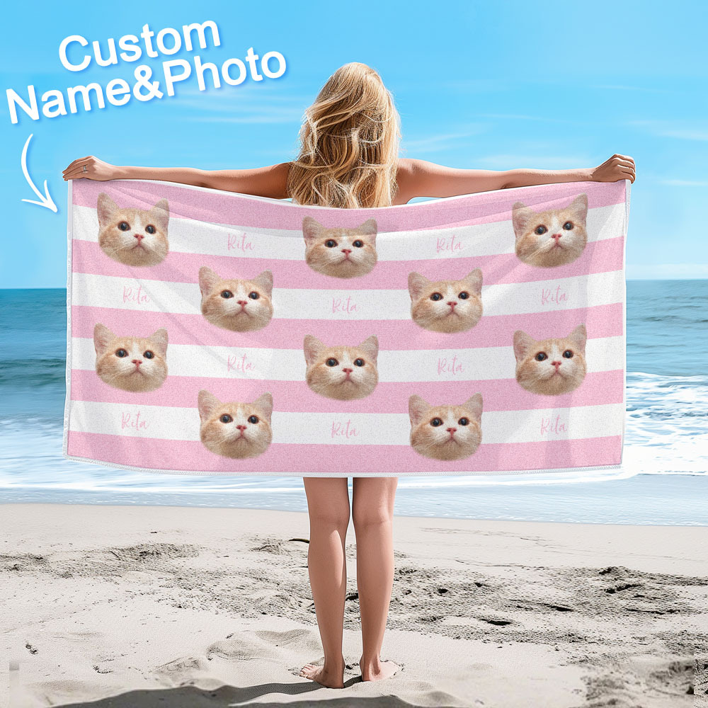 Custom Pet Photo Beach Towel Stripe Beach Towel Gift Summer Holiday
