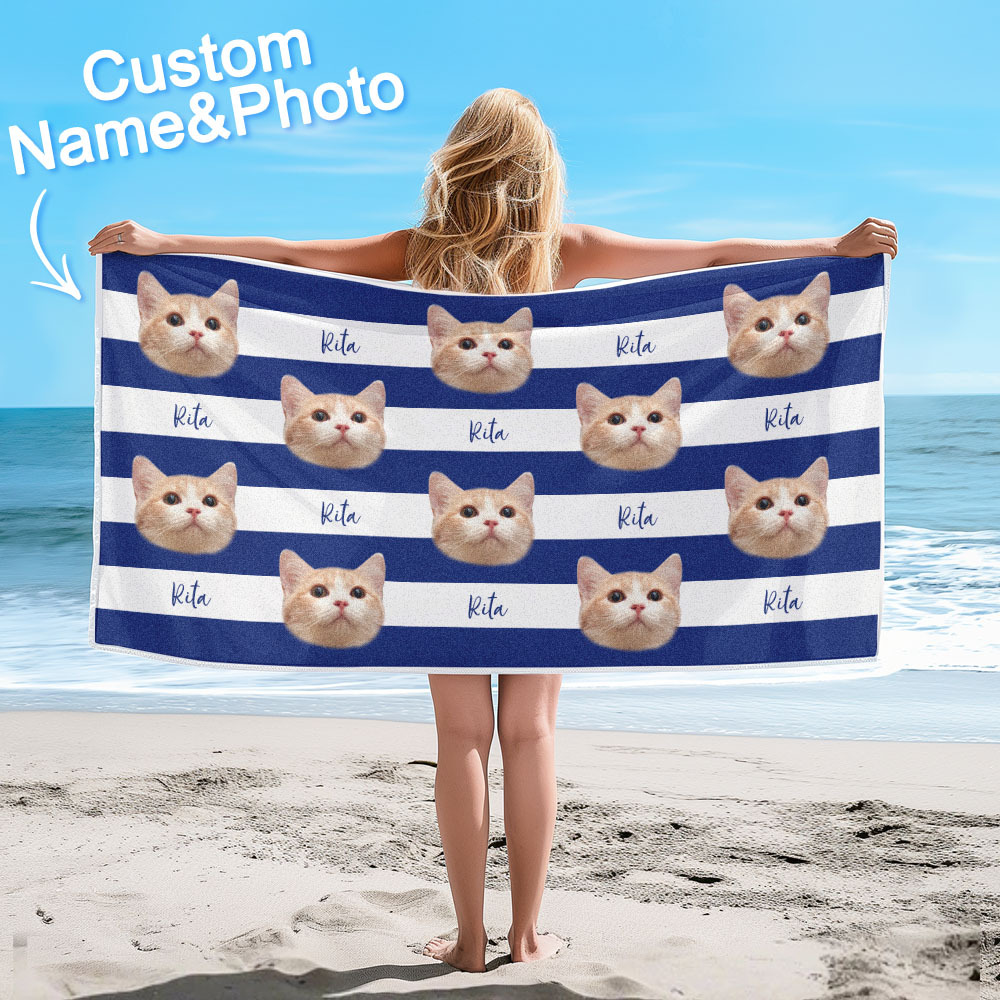 Custom Pet Photo Beach Towel Stripe Beach Towel Gift Summer Holiday
