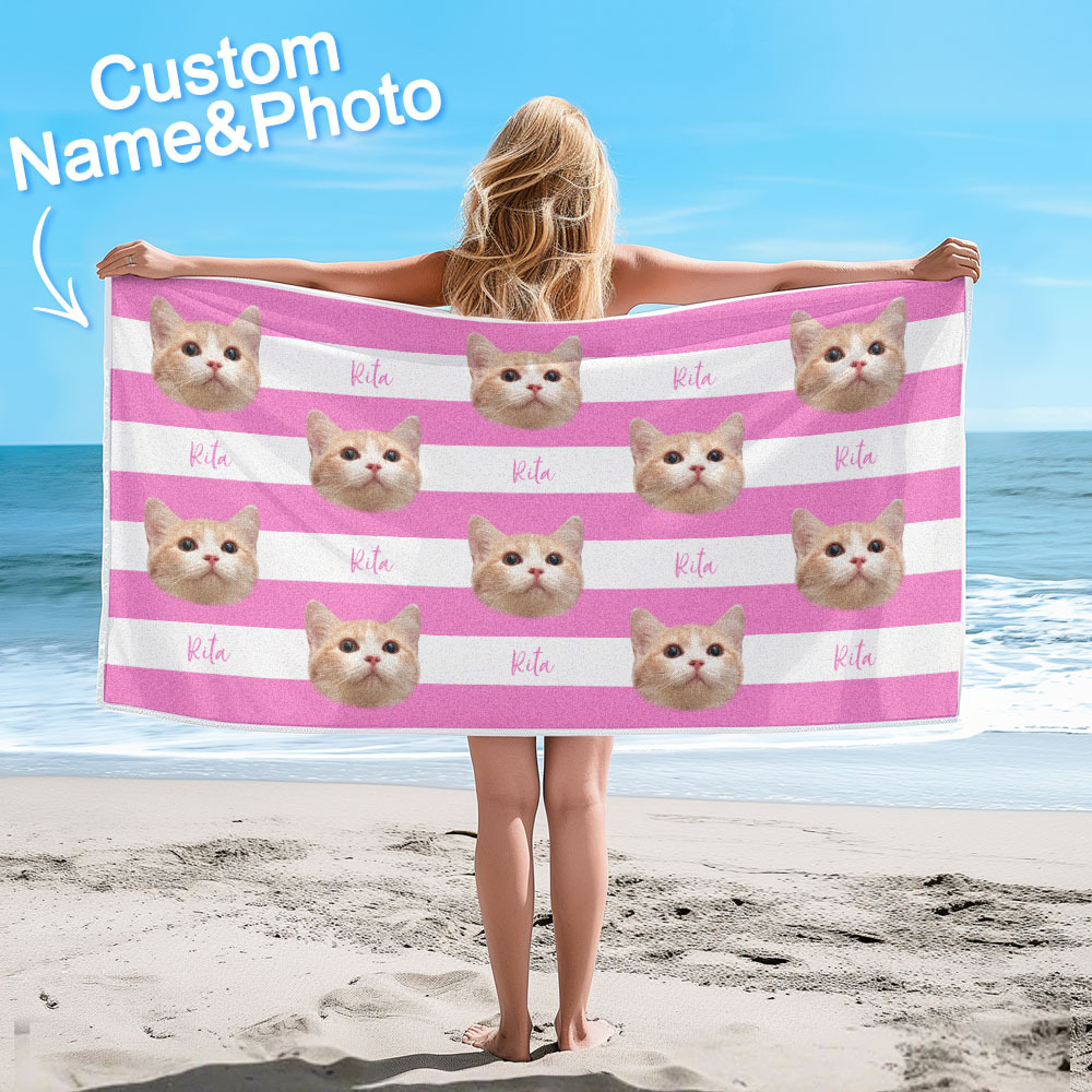 Custom Pet Photo Beach Towel Stripe Beach Towel Gift Summer Holiday
