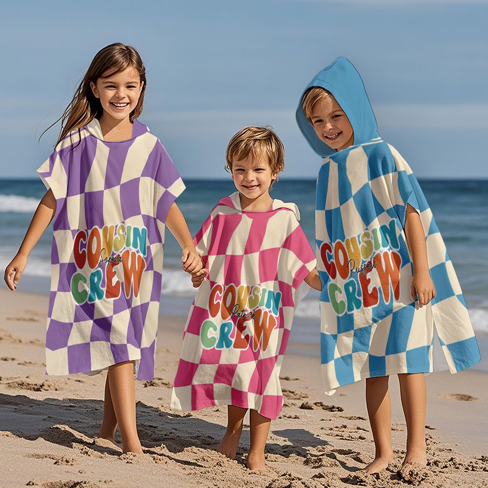 Custom Checkerboard Spiral Ray Hooded Beach Towel Personalized Cousin Crew Beach Towel with Name Summer Gift for Kids