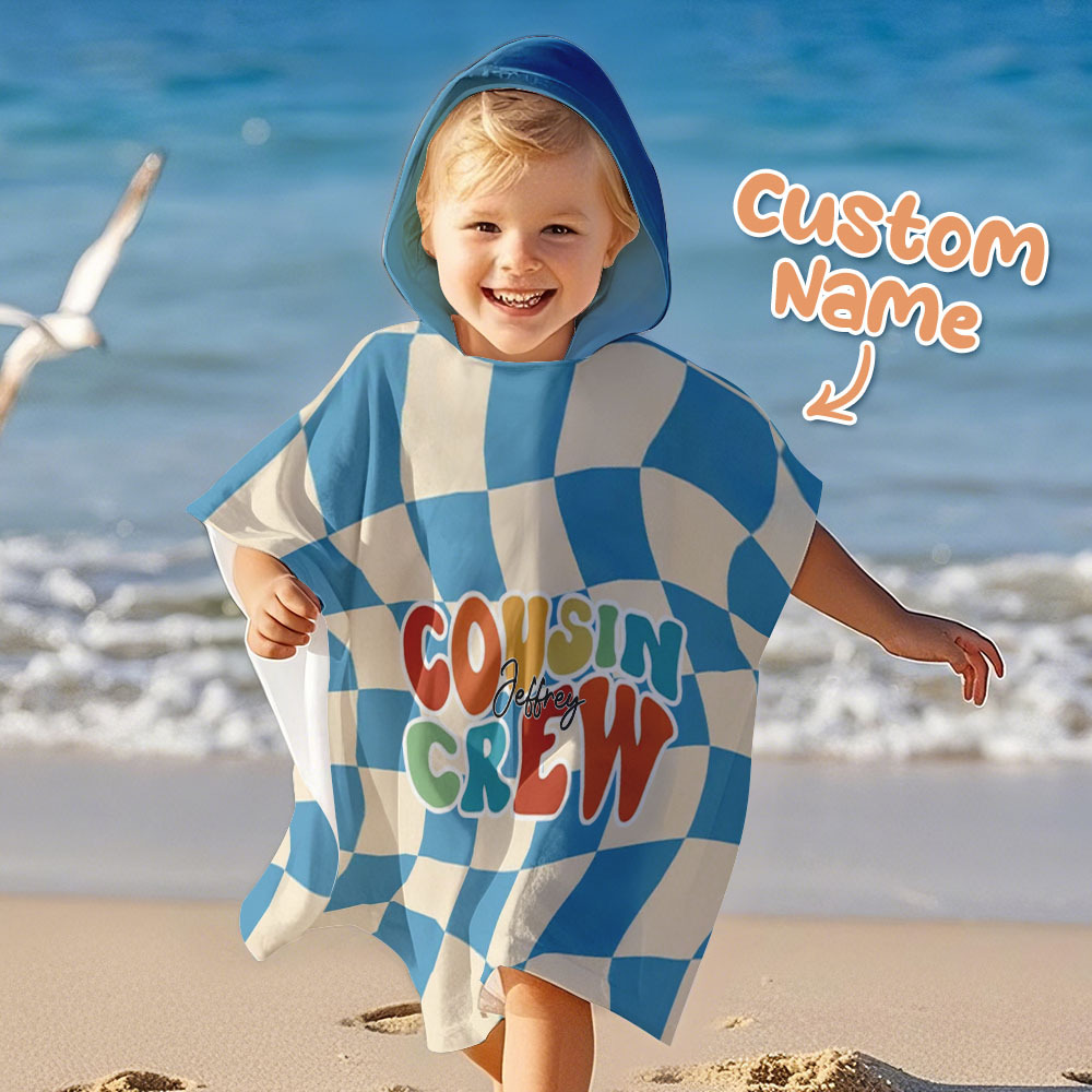 Custom Checkerboard Spiral Ray Hooded Beach Towel Personalized Cousin Crew Beach Towel with Name Summer Gift for Kids