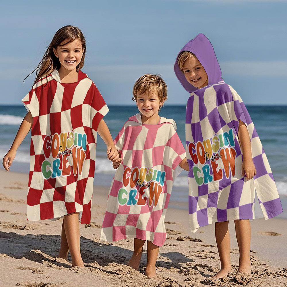 Custom Checkerboard Spiral Ray Hooded Beach Towel Personalized Cousin Crew Beach Towel with Name Summer Gift for Kids