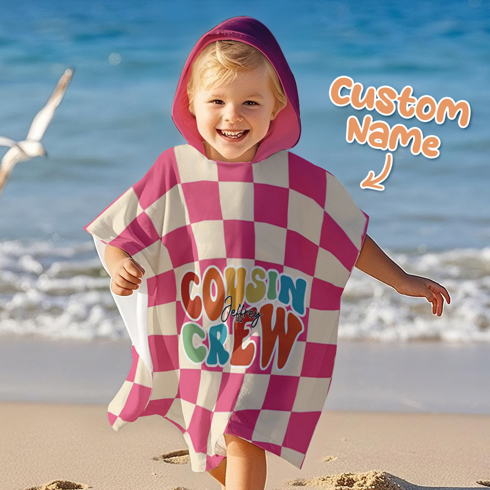 Custom Checkerboard Spiral Ray Hooded Beach Towel Personalized Cousin Crew Beach Towel with Name Summer Gift for Kids