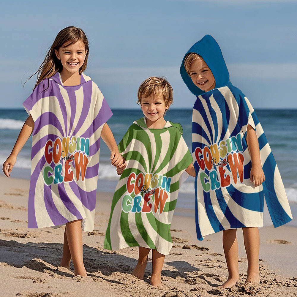 Custom Checkerboard Spiral Ray Hooded Beach Towel Personalized Cousin Crew Beach Towel with Name Summer Gift for Kids