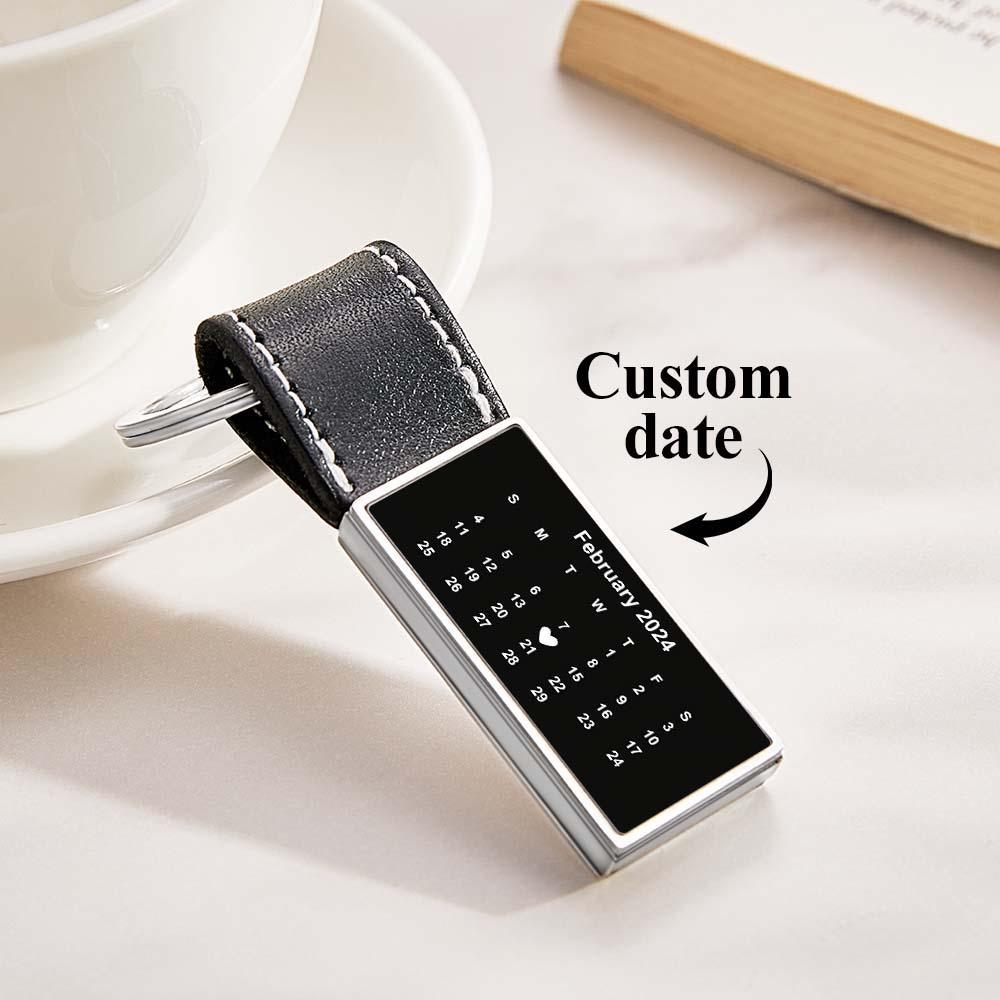 Customized Calendar Date Leather Keychain With Engraved Text Valentine Exclusive Gift For Men - Get Photo Blanket