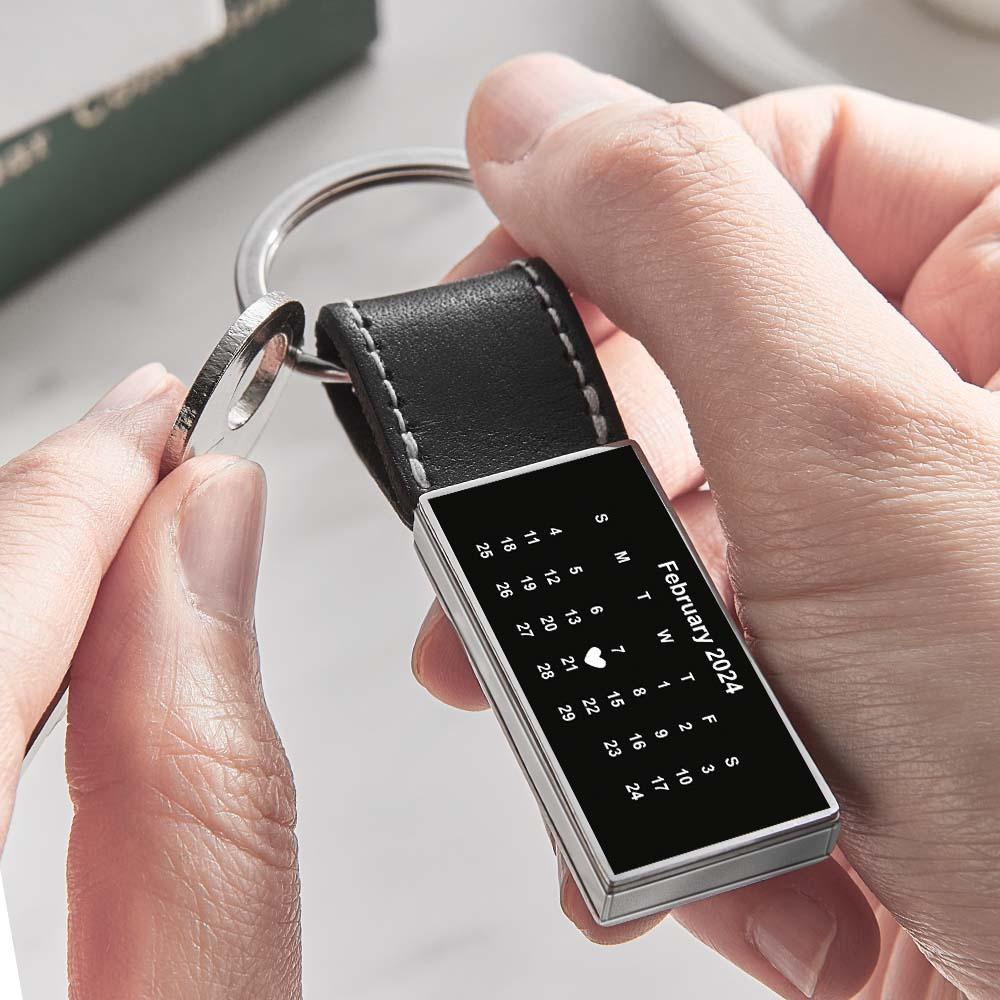 Customized Calendar Date Leather Keychain With Engraved Text Valentine Exclusive Gift For Men - Get Photo Blanket