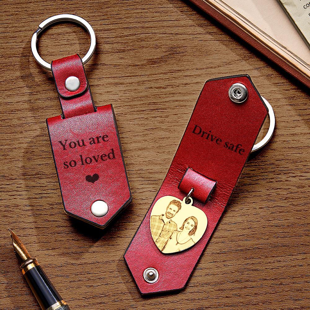 Custom Heart Shaped Photo Leather Keychain With Text Annivesary Gifts For Men - Get Photo Blanket