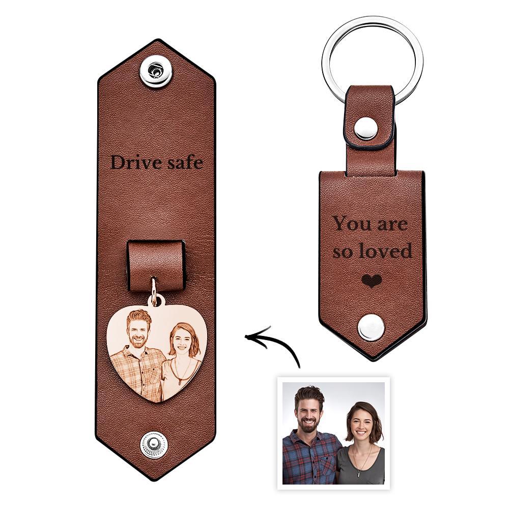 Custom Heart Shaped Photo Leather Keychain With Text Annivesary Gifts For Men - Get Photo Blanket