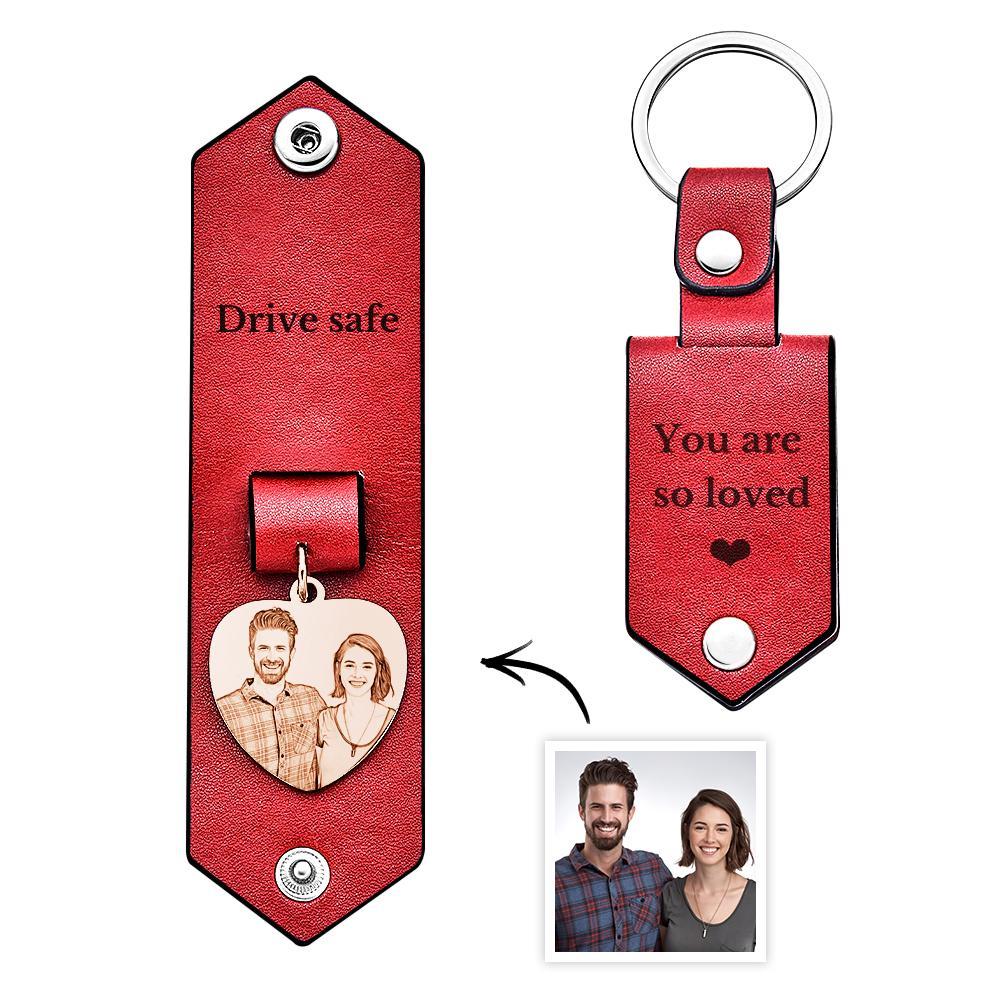 Custom Heart Shaped Photo Leather Keychain With Text Annivesary Gifts For Men - Get Photo Blanket