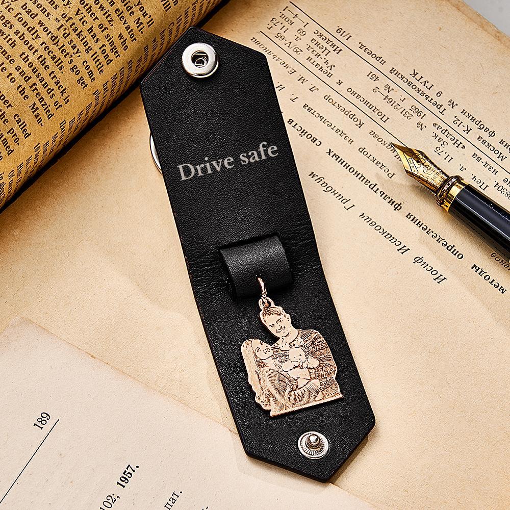 Custom Photo Leather Keychain With Text Annivesary Gifts For Men - Get Photo Blanket