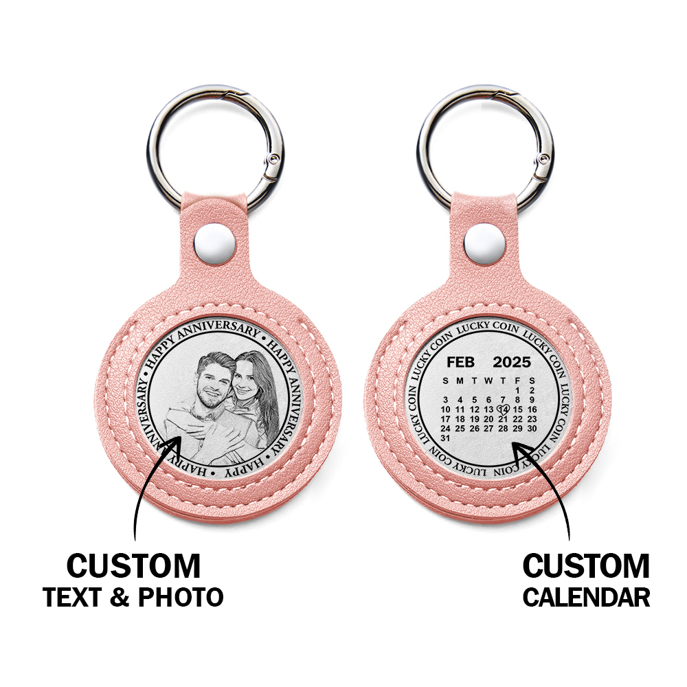 Personalized Calendar Lucky Charm Gold Coin Keychain with Custom Photo & Date | Engraved Titanium Steel Coin in PU Leather Case | Anniversary, Birthday, Christmas Gift for Couples - Get Photo Blanket