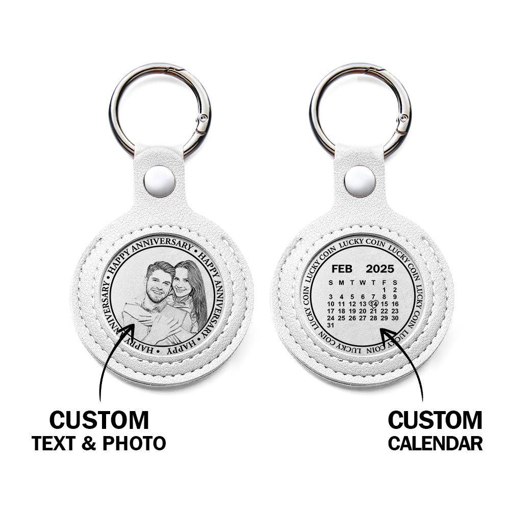 Personalized Calendar Lucky Charm Gold Coin Keychain with Custom Photo & Date | Engraved Titanium Steel Coin in PU Leather Case | Anniversary, Birthday, Christmas Gift for Couples - Get Photo Blanket