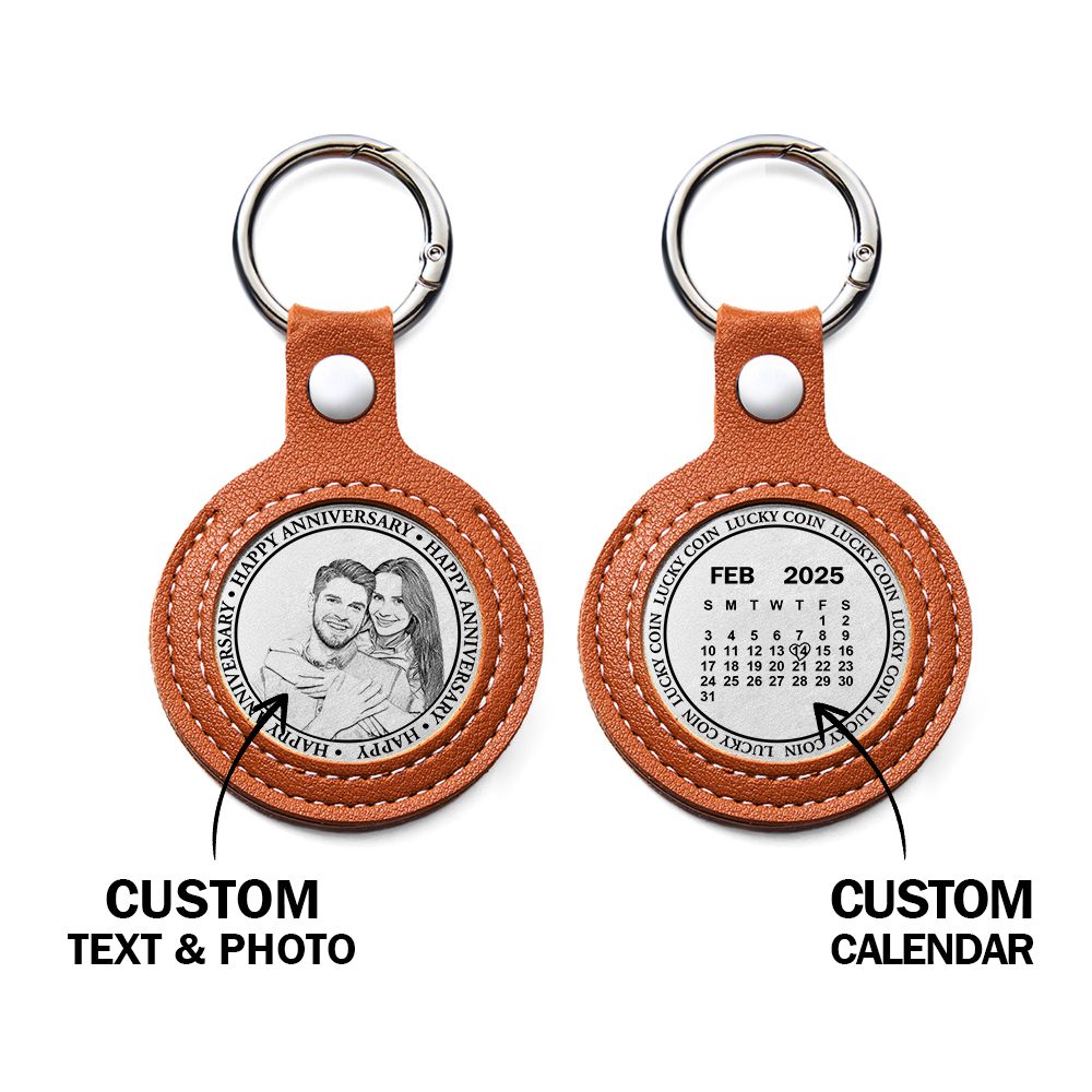 Personalized Calendar Lucky Charm Gold Coin Keychain with Custom Photo & Date | Engraved Titanium Steel Coin in PU Leather Case | Anniversary, Birthday, Christmas Gift for Couples - Get Photo Blanket