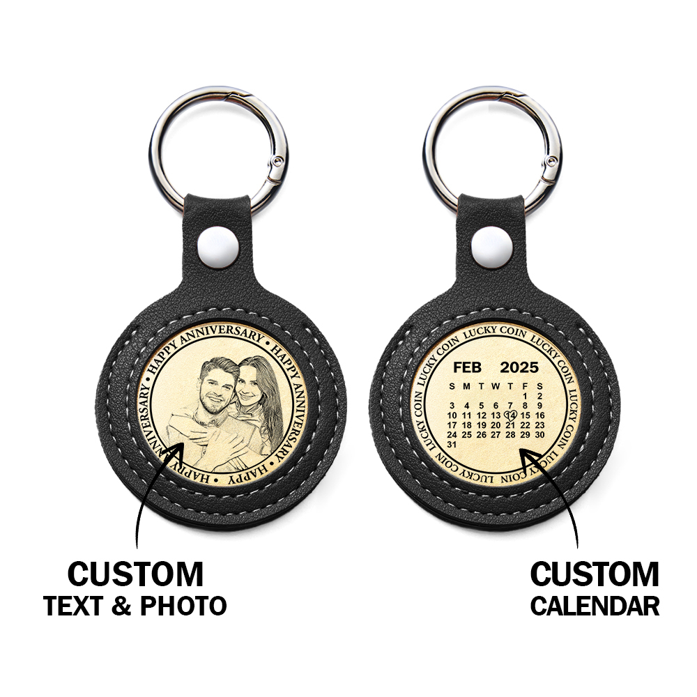 Personalized Calendar Lucky Charm Gold Coin Keychain with Custom Photo & Date | Engraved Titanium Steel Coin in PU Leather Case | Anniversary, Birthday, Christmas Gift for Couples - Get Photo Blanket