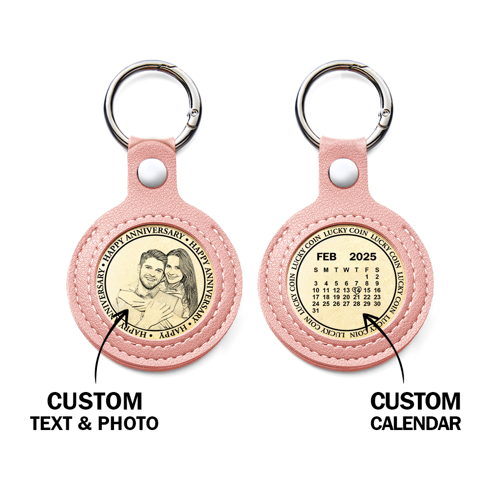 Personalized Calendar Lucky Charm Gold Coin Keychain with Custom Photo & Date | Engraved Titanium Steel Coin in PU Leather Case | Anniversary, Birthday, Christmas Gift for Couples - Get Photo Blanket